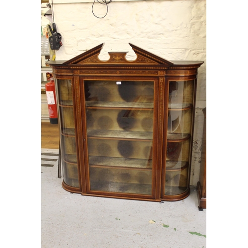 1965 - Edwardian mahogany and marquetry inlaid wall cabinet, the broken arch pediment above a glazed door e... 