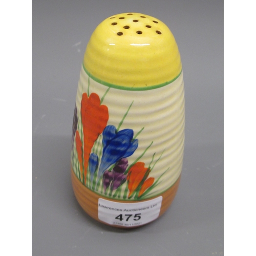 475 - Clarice Cliff sugar caster of oviform ribbed design painted in the Crocus pattern, 5ins high