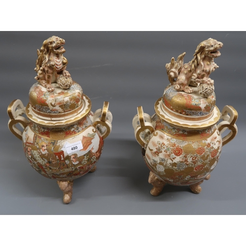 480 - Pair of late 19th Century Satsuma two handled vases, the covers mounted with dogs of foe, decorated ... 