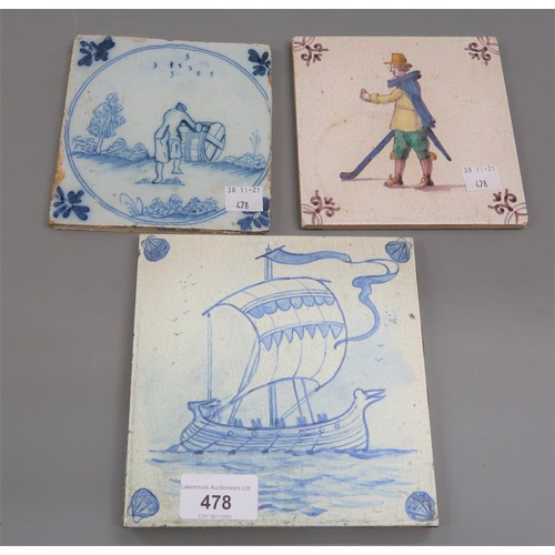 478 - Small antique Delft tile and two other antique tiles