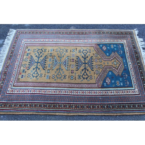 14 - Small Indo Persian prayer rug of Turkoman design in shades of beige, blue and red, 5ft 2ins x 3ft 10... 
