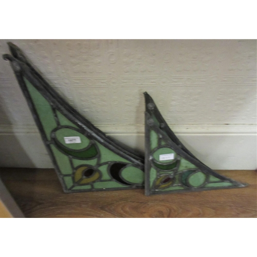 1877 - Three leaded and coloured glass triangular shaped window corners of Art Nouveau design and two small... 