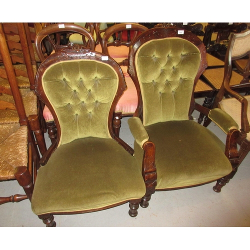 1920 - Victorian carved walnut and button upholstered open arm drawing room chair, together with a low seat... 