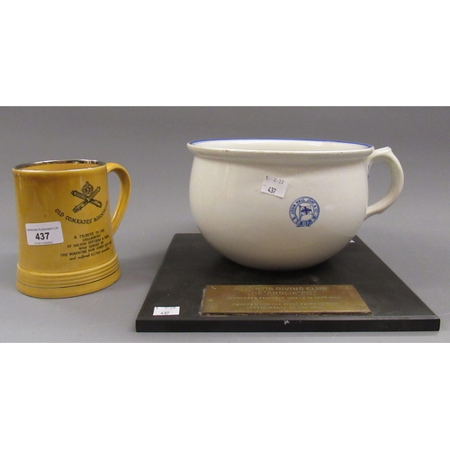 437 - Rare Wade pottery tankard with George Wade inscription to the Old Comrade Association, ceramic chamb... 