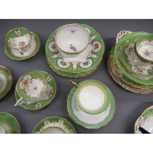 467 - Quantity of Coalport and George Jones green gilt and floral decorated teaware comprising:  nine vari... 