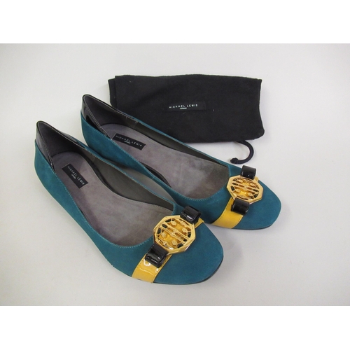 54 - Pair of flat ballet style shoes in turquoise and yellow suede by Michael Lewis London, size 38 (5), ... 