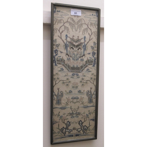 61 - Pair of Chinese silkwork sleeve panels with figures housed in a single frame, 19ins x 6.5ins