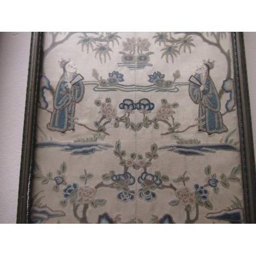 61 - Pair of Chinese silkwork sleeve panels with figures housed in a single frame, 19ins x 6.5ins
