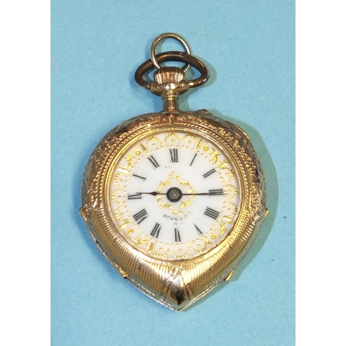 255 - A Continental lady's heart-shaped open-face keyless pocket watch, the white enamel dial with Roman n... 