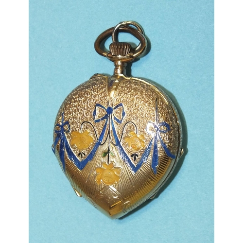 255 - A Continental lady's heart-shaped open-face keyless pocket watch, the white enamel dial with Roman n... 