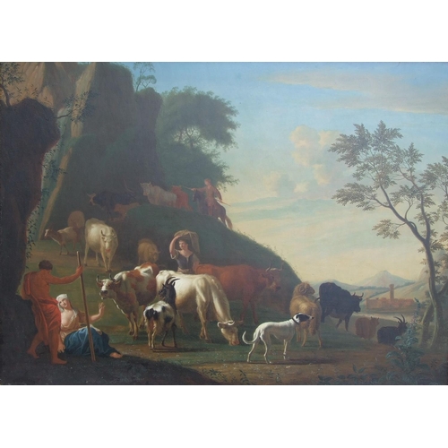 50 - Jan van Gool (1685-1763) PASTORAL LANDSCAPE WITH A SHEPHERD AND OTHER FIGURES, GOATS, CATTLE AND A D... 