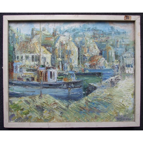 13 - W J Spear A FISHING BOAT PZ179 MOORED IN A HARBOUR Signed oil on canvas, 45 x 57cm.