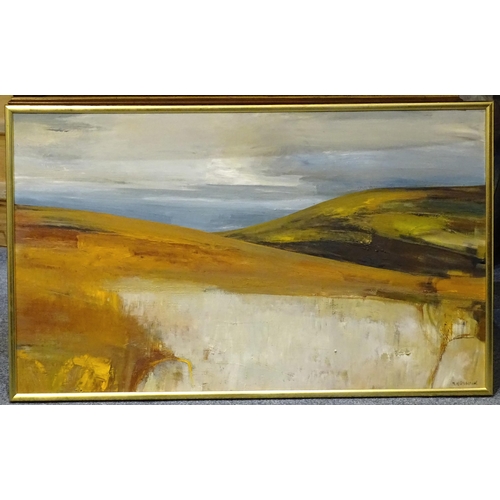 18 - Margo Maeckelberghe (nee Oates) (1932-2014) ORANGE LANDSCAPE Signed oil on board, inscribed and date... 