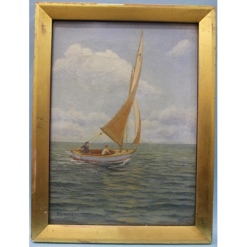 23 - HFB? SEAMEW (WLYC), NAÏVE VIEW OF A SAILING BOAT WITH TWO FIGURES Monogrammed oil on canvas, dated 1... 