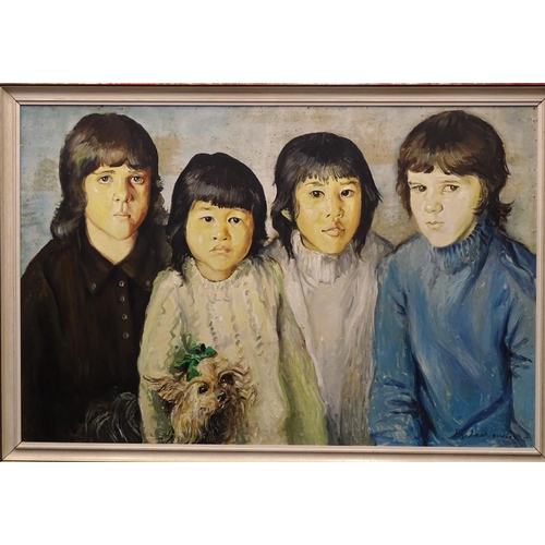 24 - Robert Oscar Lenkiewicz (1941-2002) FAMILY PORTRAIT OF FOUR CHILDREN, ONE HOLDING A CAIRN TERRIER WI... 