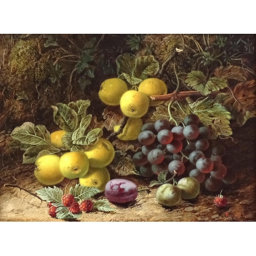 Oliver Clare (1853-1927) STILL LIFE, RUSSET APPLES, GRAPES, VICTORIA PLUMS AND RASPBERRIES, WITH IVY-CLAD BANK BEHIND Signed oil on canvas, Colmore Galleries label verso, 27 x 37.5cm.