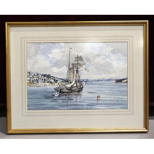 38 - John Sutton (b.1935) TOP SAIL SCHOONER ON SALCOMBE BAY Signed watercolour, with Alexander Gallery la... 