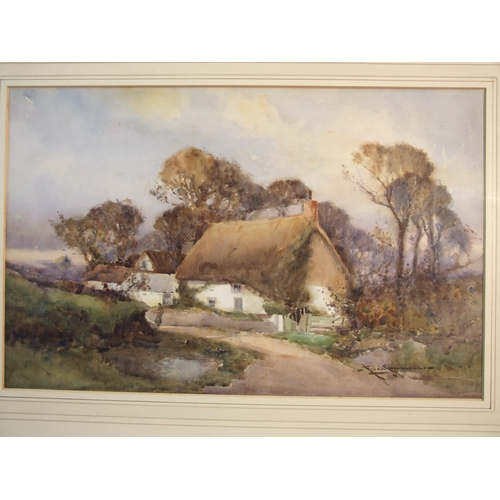 50 - Charles Eyres Simmons FIGURE BESIDE POND OUTSIDE THATCHED COTTAGE Signed watercolour, 27 x 43cm.... 