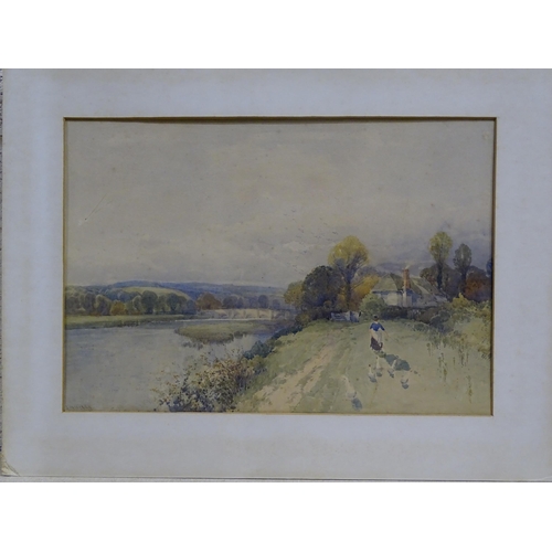 56 - Frederick John Widgery (1861-1942) FIGURE FEEDING GEESE ON RIVER BANK, WITH COTTAGE AND BRIDGE IN DI... 
