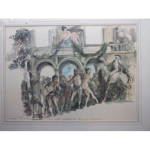 59 - Charles Mozley (1914-1991) THEATRICAL STUDIES OF MUSICIANS AND NUDE MAIDENS Pen, ink and watercolour... 