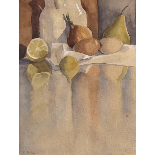 62 - ETL? (20th century) REFLECTIONS II, STILL LIFE OF FRUIT AND JUG Monogrammed watercolour, 35 x 25.5cm... 