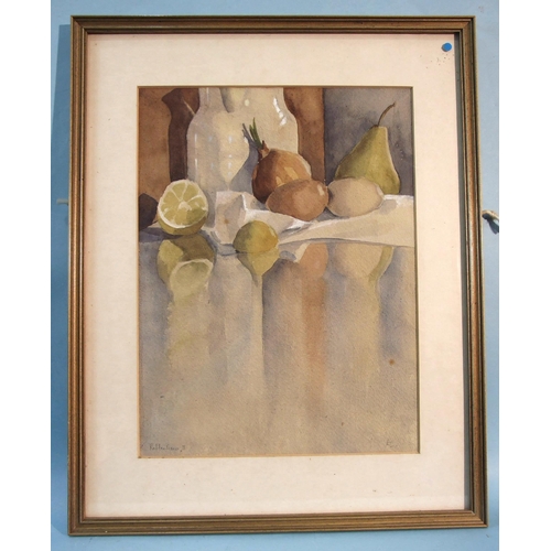 62 - ETL? (20th century) REFLECTIONS II, STILL LIFE OF FRUIT AND JUG Monogrammed watercolour, 35 x 25.5cm... 