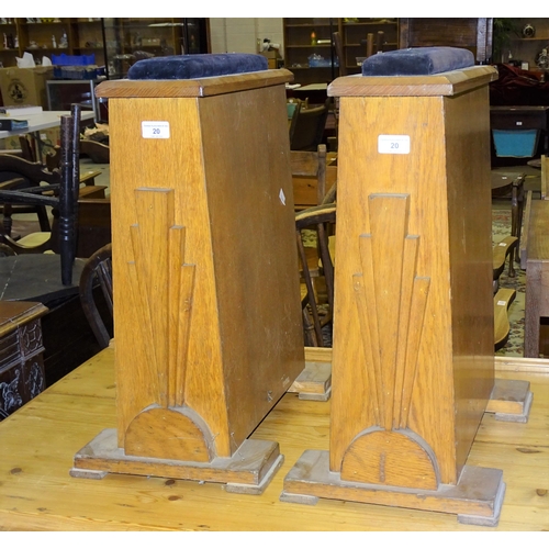 20 - A pair of Art deco oak coffin stands, 55cm high.