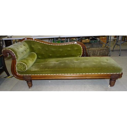35 - A Victorian mahogany chaise longue with carved frame and short lapette-carved feet, 210cm long.... 
