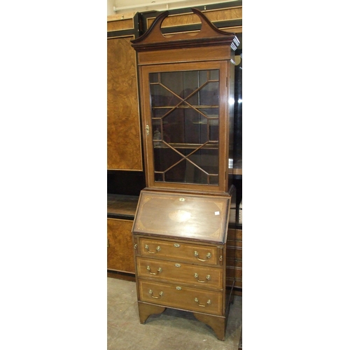 13 - An Edwardian inlaid mahogany narrow bureau/bookcase, 61cm wide, 204cm high.