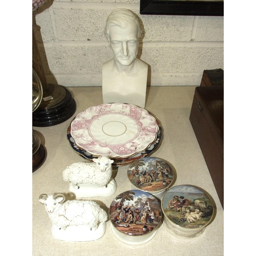 63 - A parian ware bust incised 'Emerson' on the front and 'J C King Sculpt' to the side, 29cm high, a pa... 