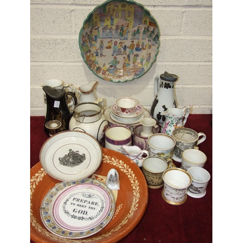 71 - Various Victorian and other pottery, transfer-printed jugs, lustre ware, Quimper pottery and other c... 