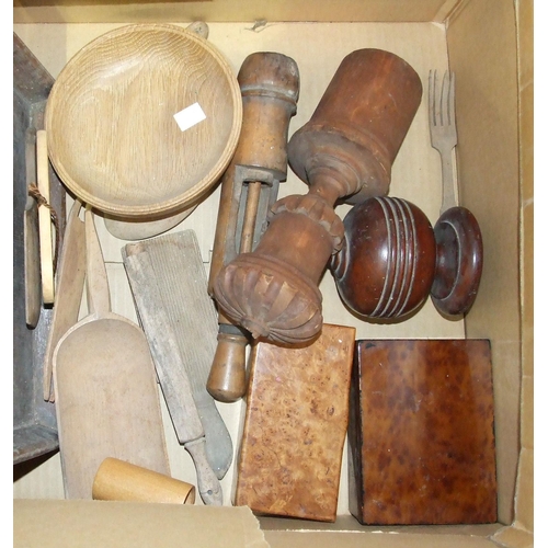 72 - Various wood boxes, butter pats and other wooden items.