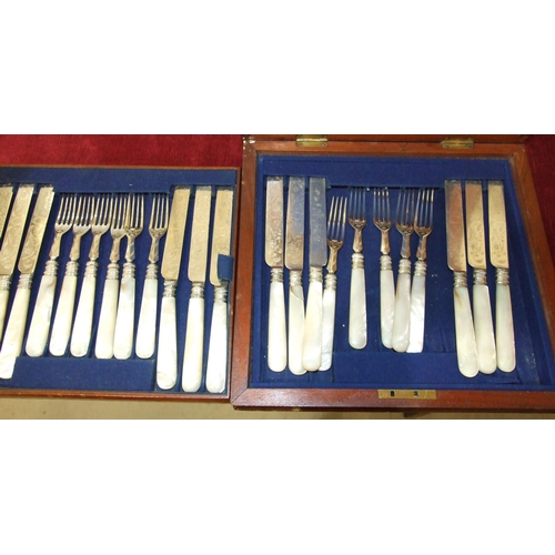 74 - A cased set of twelve each mother-of-pearl-handled dessert knives and forks, a collection of plated ... 