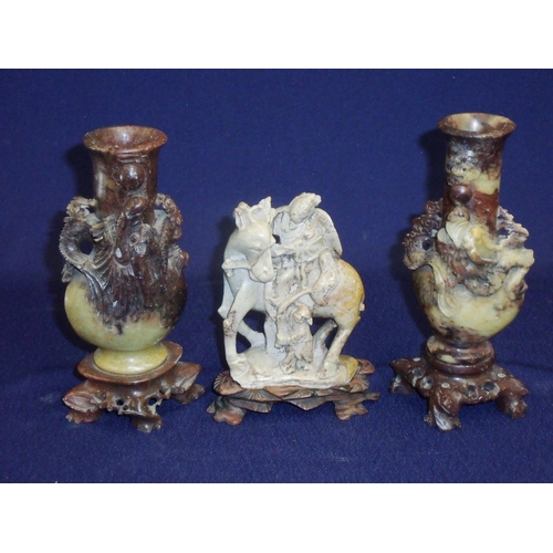 Pair Of Chinese Carved Soapstone Vases With Entwined Dragon