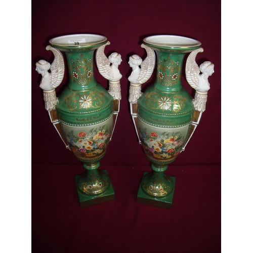 Large Pair Of Continental Green Body Vases With Floral Gilt