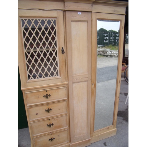 Victorian Waxed Pine Wardrobe With Offset Glazed Panelled Door