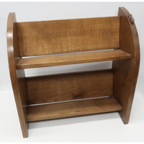 1039 - Robert Mouseman Thompson - an unusual small oak two tier book trough with adzed curved ends, carved ... 
