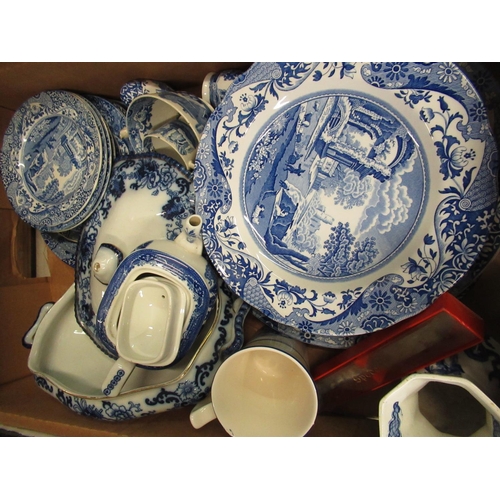 361 - Collection of blue and white plates, teacups, saucers, jugs, salt and pepper shakers etc. including ... 