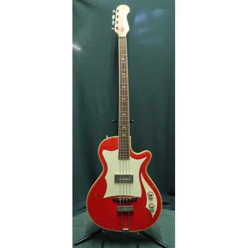 1950s Electric Bass Guitar Possibly Dallas With One Piece Body In Red And White Finish A 24 Fret