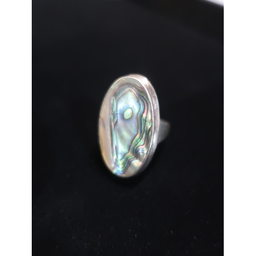 18 - Aberlone Mother of Pearl ring with silver mount stamped 925 Size M and another ring with amethyst ce... 