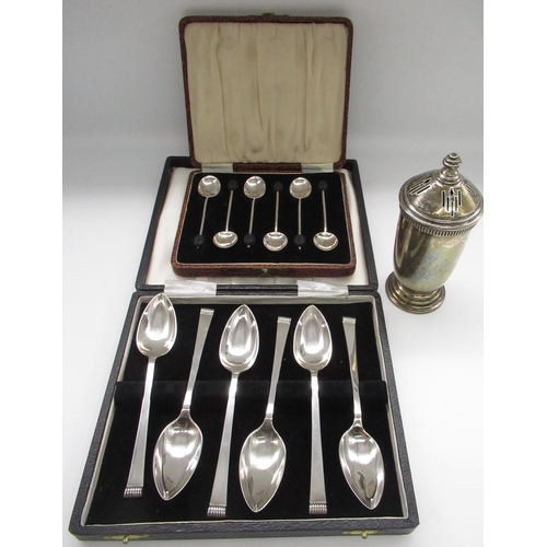 37 - Art Deco silver hallmarked sugar caster Birmingham, 1936, a set of six silver hallmarked coffee spoo... 
