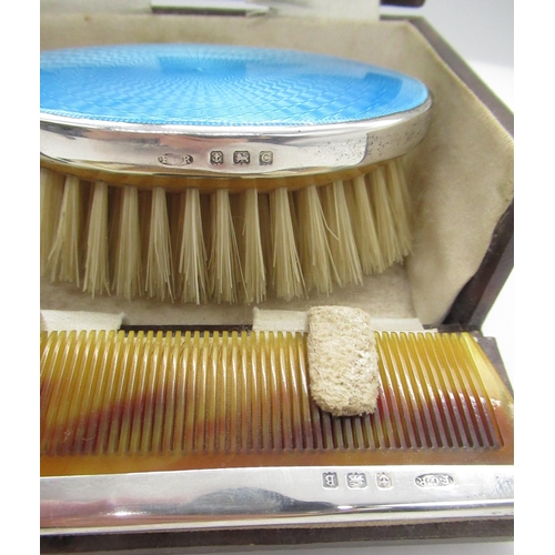 40 - Geo V. hallmarked silver and blue enamel cased hairbrush and comb set by F G Rose, Birmingham, 1927