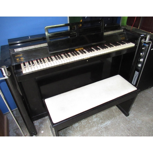 119 - Art deco ebonized Eavestaff minipiano with front chrome mounted electric lights and associated stool