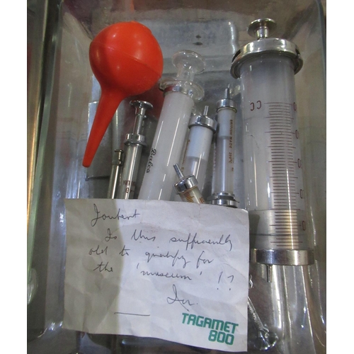 620 - Vintage Balco, Everett and other glass and chrome syringes, in rectangular box with chrome lid, and ... 