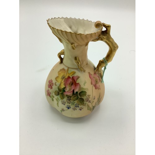 3 - Early C20th Royal Worcester jug, coral handle and blush ivory ground decorated with roses with gilt ... 