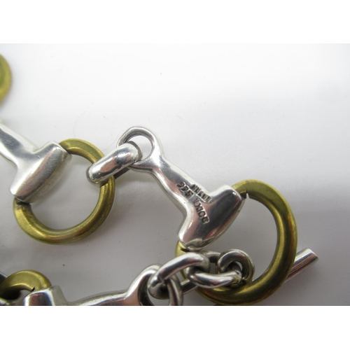 657 - Chunky silver and brass link bracelet with T bar clasp stamped 925 L20cm 1.5ozt
