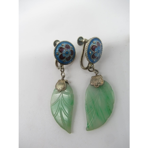 660 - Pair of Indian screw clip earrings with silver and enamel roundel and etched jade drop leaf L4cm, an... 
