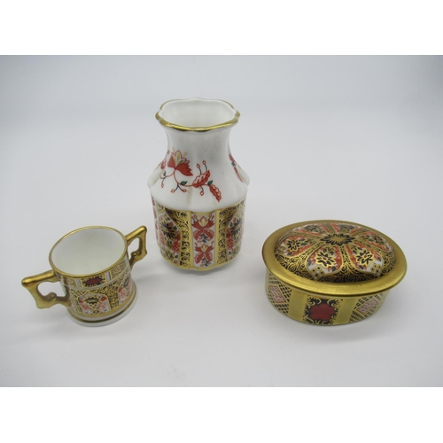678 - Royal Crown Derby 1128 Old Imari pattern - miniature oval patchbox and cover H6cm, mallet shaped vas... 