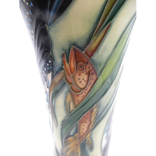 690 - Moorcroft vase, cylindrical body with trumpet neck, tube lined with fish amongst reeds and a bird, i... 