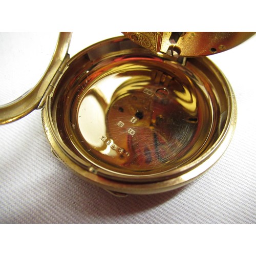 45A - Victorian ladies 18ct gold open cased key wound fob watch with gold dial, Arabic numerals and foliat... 